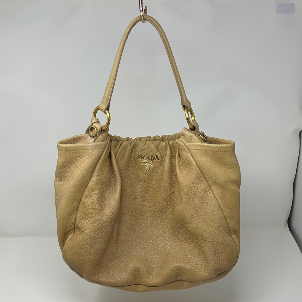 Prada Cervo Antik Hobo Beige Leather Shoulder Bag